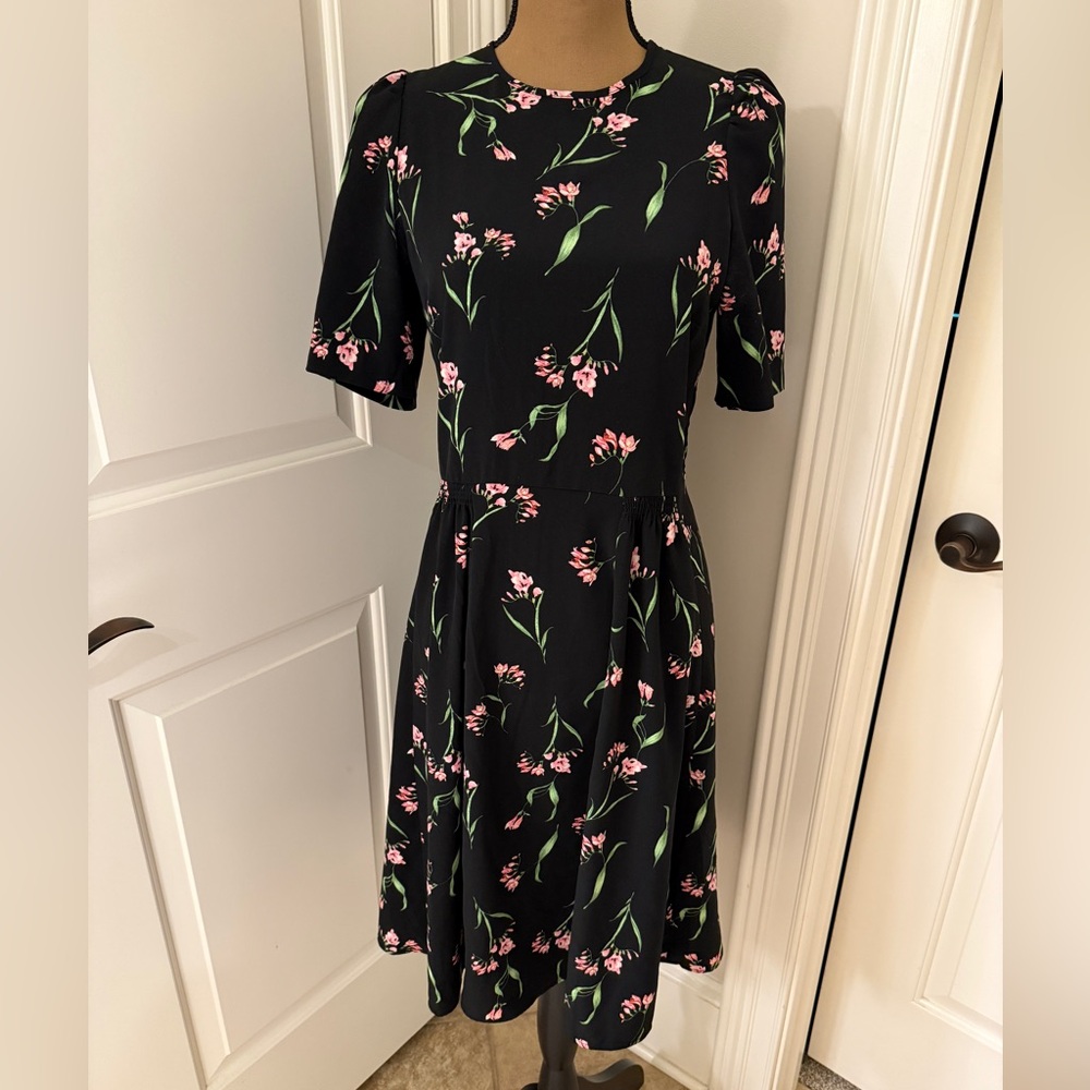 H&M Black Midi Dress with Pink Floral & Green Leaves